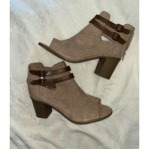 Massini open toe high heel booties, Taupe, Size 10